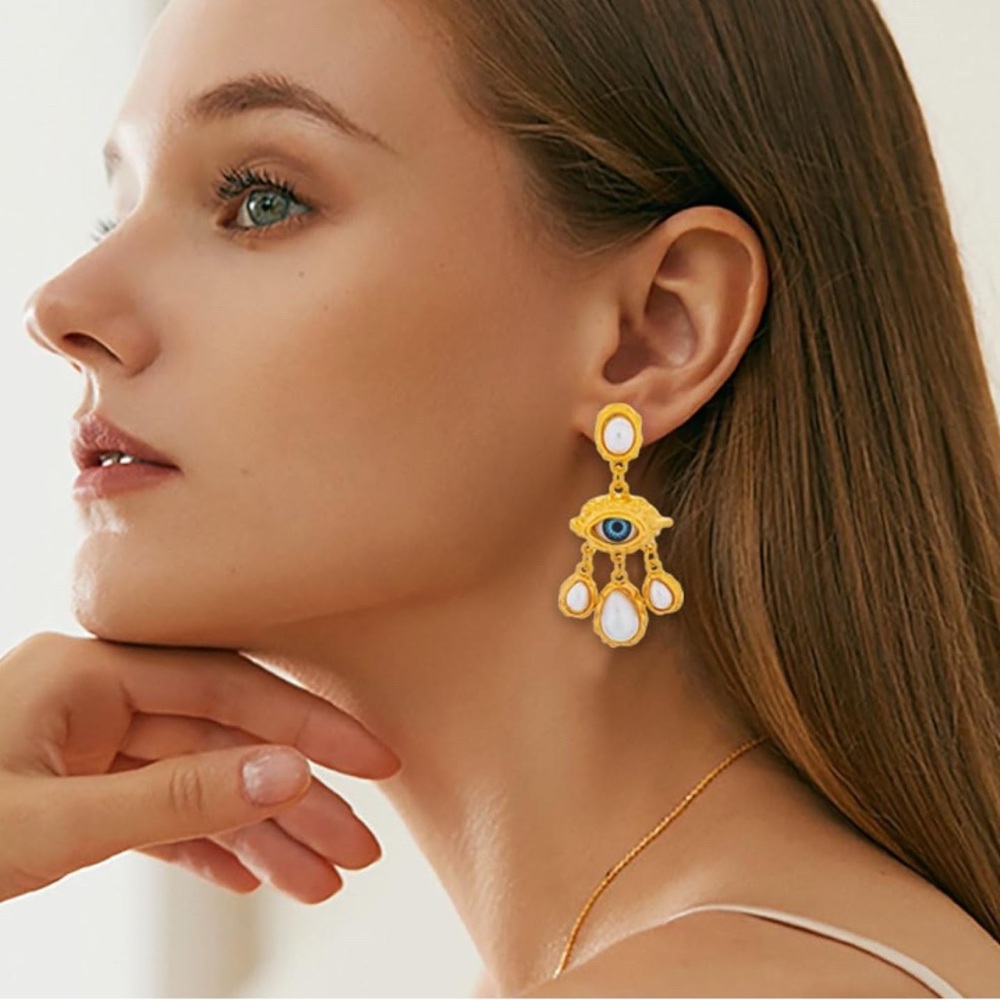 Elegant Gold and Blue Evil Eye Pearl Drop Earrings - Picture 3 of 5